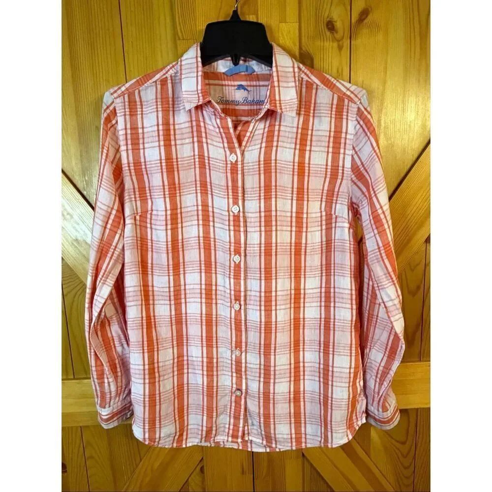 Tommy Bahama Women’s Orange Plaid Linen Long Sleeve Button Up Shirt Size XS (668
